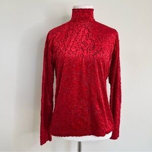Vintage 90s Frazier Lawrence red velvet semi sheer turtleneck long sleeve top